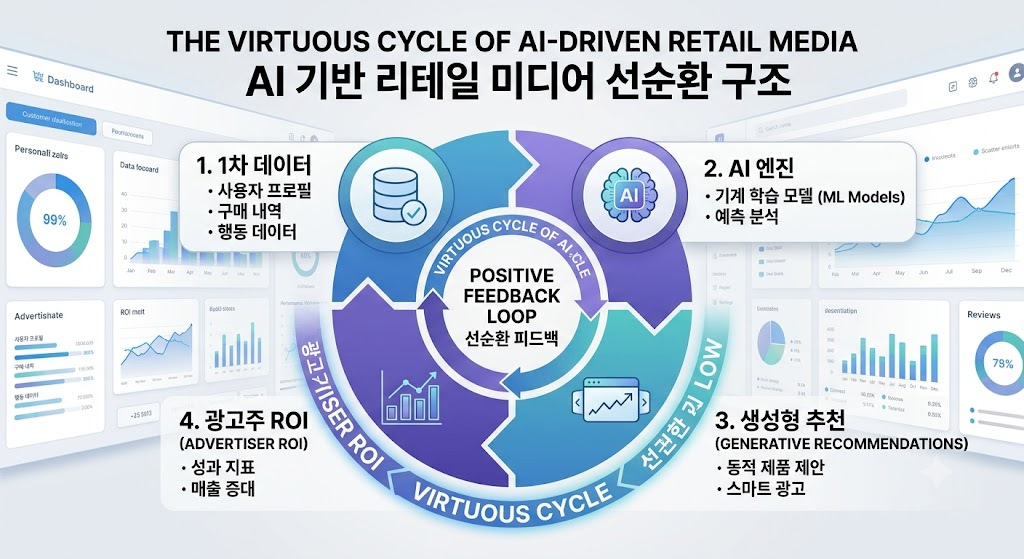 AI 에이전트 커머스 생태계 및 리테일 미디어 선순환 구조도
