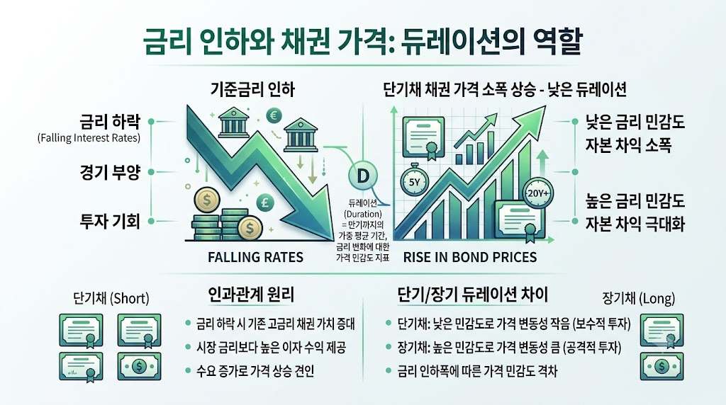 금리 인하 시기 채권 투자, 금리 변동과 듀레이션별 채권 가격 변화 메커니즘 구조도