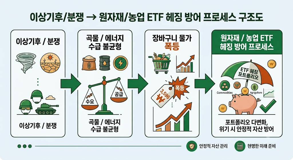 기후플레이션·워플레이션 전이 경로 및 장바구니 물가 헤징 구조도