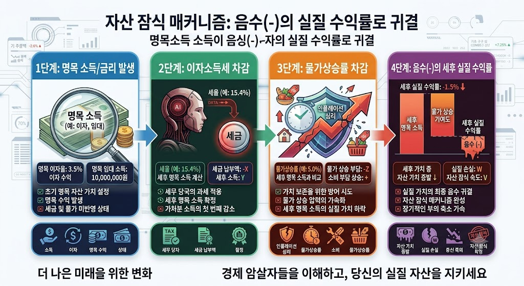 암살자들보다 무서운 인플레이션|평범한 직장인의 자산을 잠식하는 경제 암살자들 2 인플레이션 및 명목 과세에 따른 직장인 실질 자산 잠식 구조도