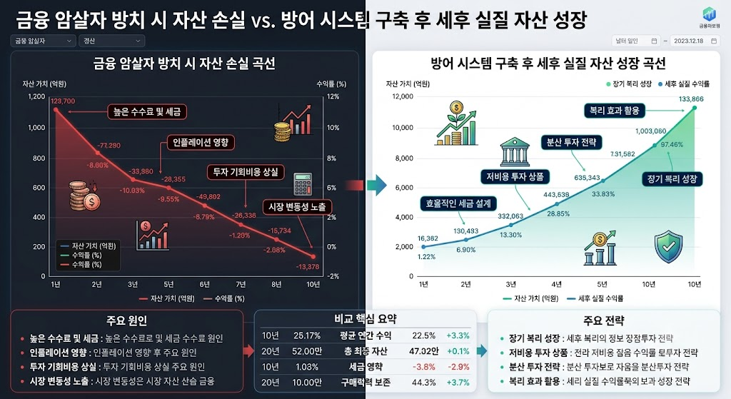 암살자들 열풍 속 주목해야 할 경제 이야기|내 돈을 갉아먹는 7가지 금융 암살자 3 금융 암살자 방어 전/후 세후 실질 자산 성장 비교 대시보드
