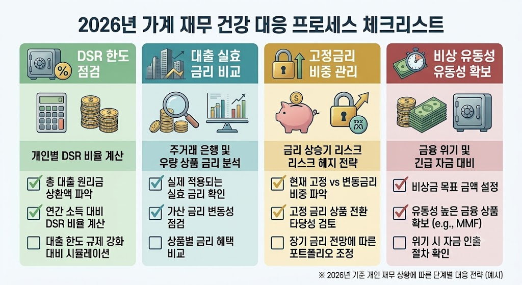 가계대출 다시 증가, 2026년 대출금리와 집값 어떻게 될까? 4 2026년 대출 및 집값 대응 4단계 실행 프로세스 체크리스트 카드