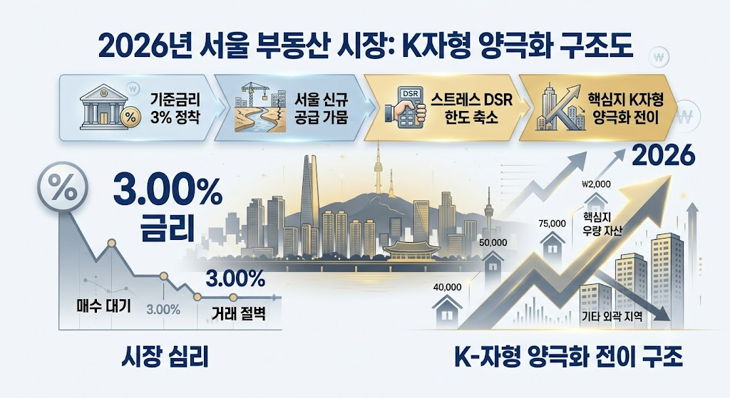 2026년 서울 집값 전망, 금리 3% 시대 내 집 마련 전략 2 금리 3% 및 공급 부족에 따른 서울 집값 전망, 서울 집값 상승·양극화 전이 메커니즘 구조도