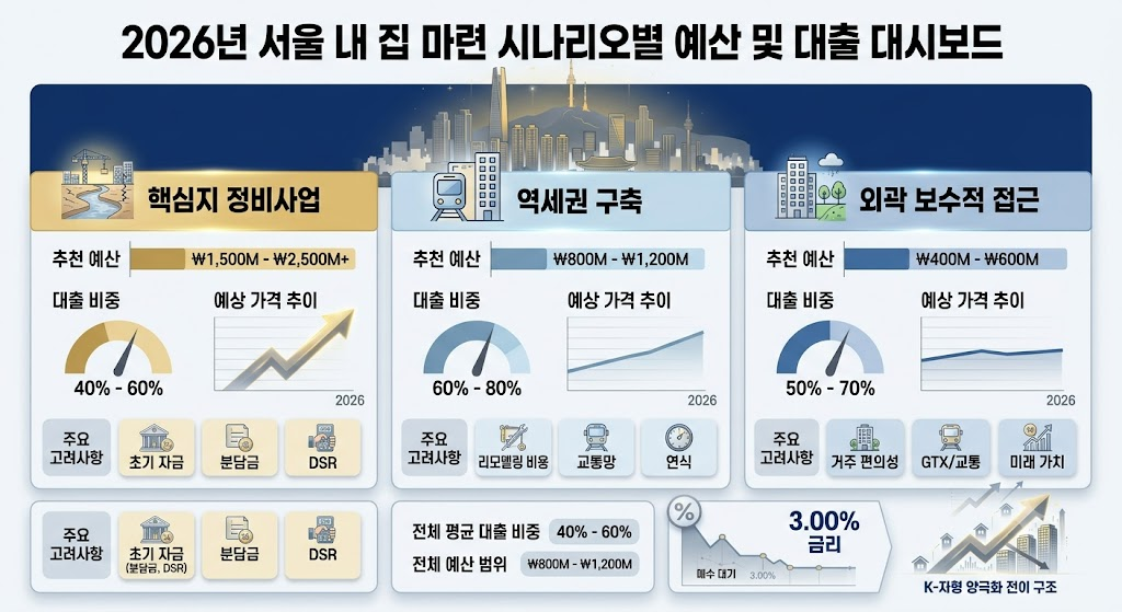 2026년 서울 집값 전망, 금리 3% 시대 내 집 마련 전략 3 2026년 서울 내 집 마련 시나리오별 포트폴리오 및 예산 배분 대시보드