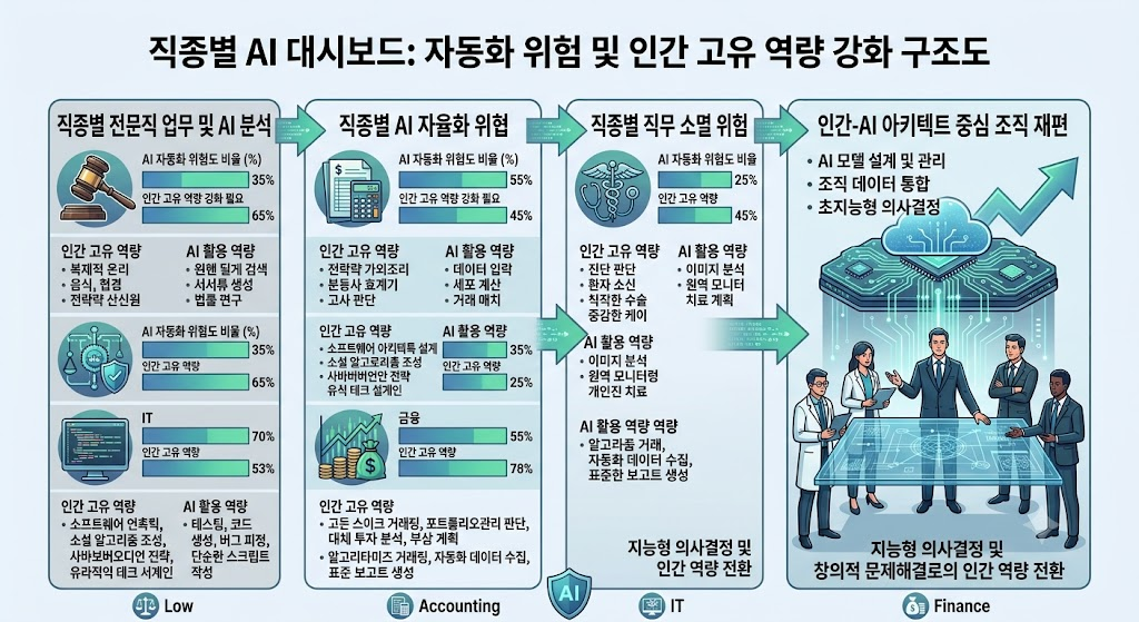 AI 전환(AX)의 역습: 전문직 일자리 소멸과 노동 시장의 구조적 변화 3 전문직 AI 대체율 비교 및 AX 대응역량 대시보드