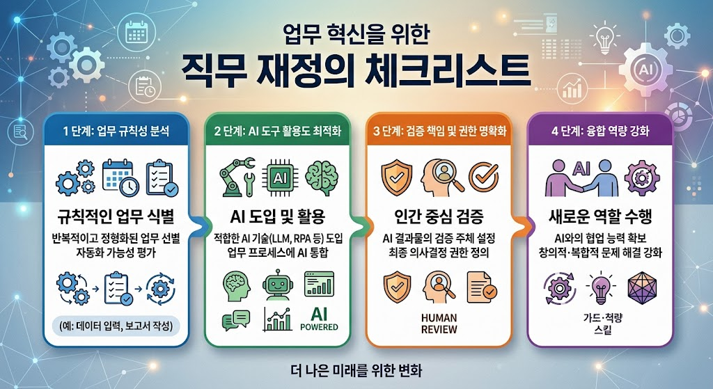 AI 전환(AX)의 역습: 전문직 일자리 소멸과 노동 시장의 구조적 변화 4 AX 대응 4단계 직무 재정의 프로세스 체크리스트 카드