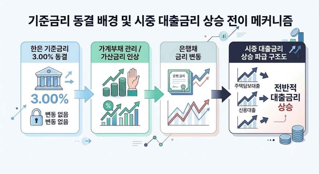 2026년 10월 기준금리 3% 동결, 연말 금리 어디까지 오를까? 2 기준금리 동결 배경 및 시중 대출금리 상승 전이 메커니즘 구조도